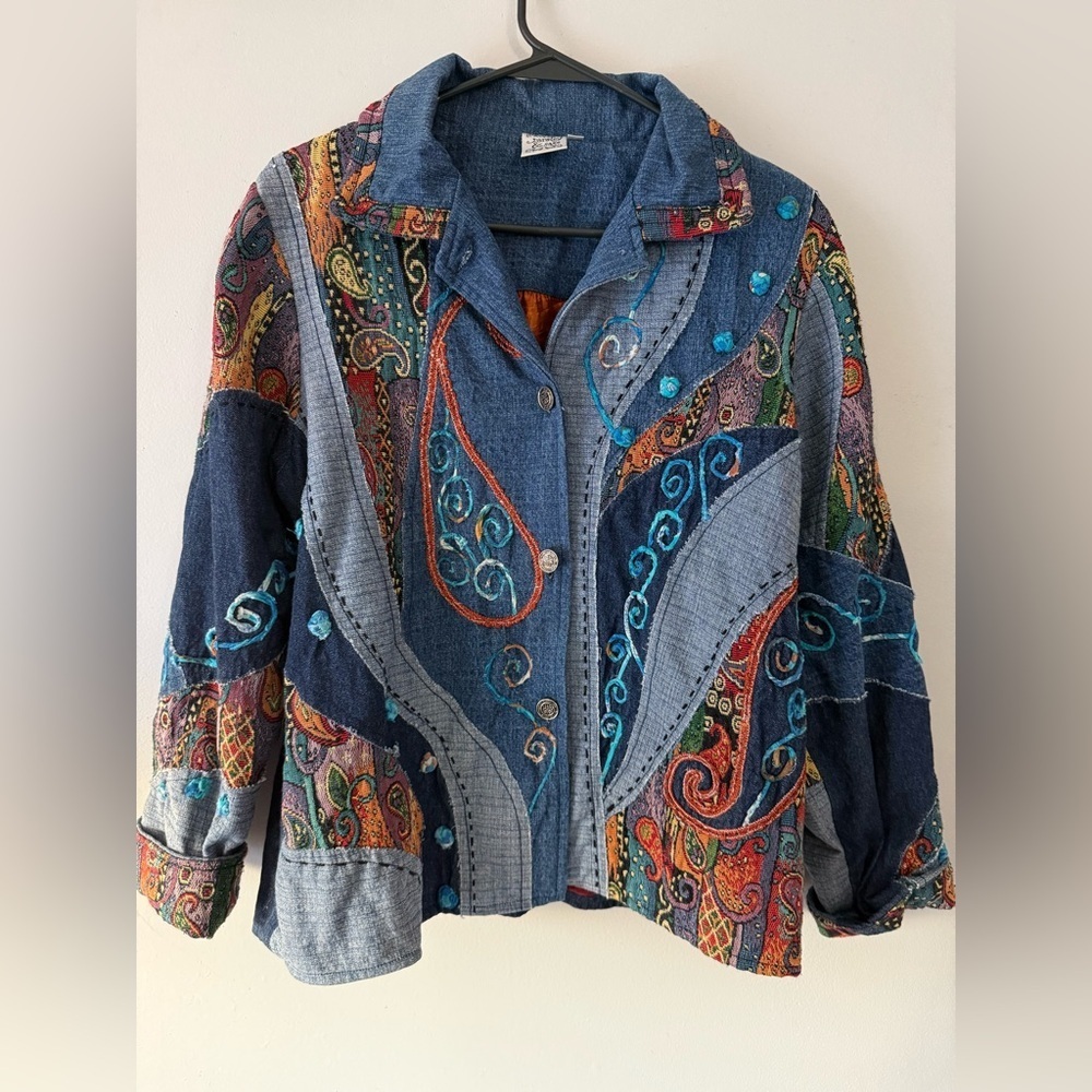 Vtg Parsley & Sage Botanical Floral Embroidered Button Up Denim Jacket Patchwork